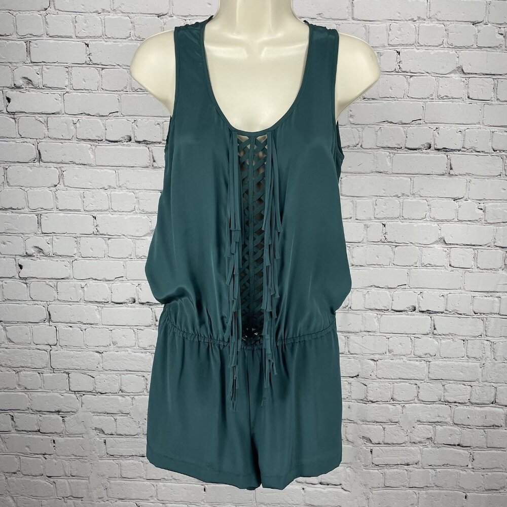 NWD BCBG MAXAZRIA Green Silk Lightweight Tassled Cut Out Romper Pockets Size XS